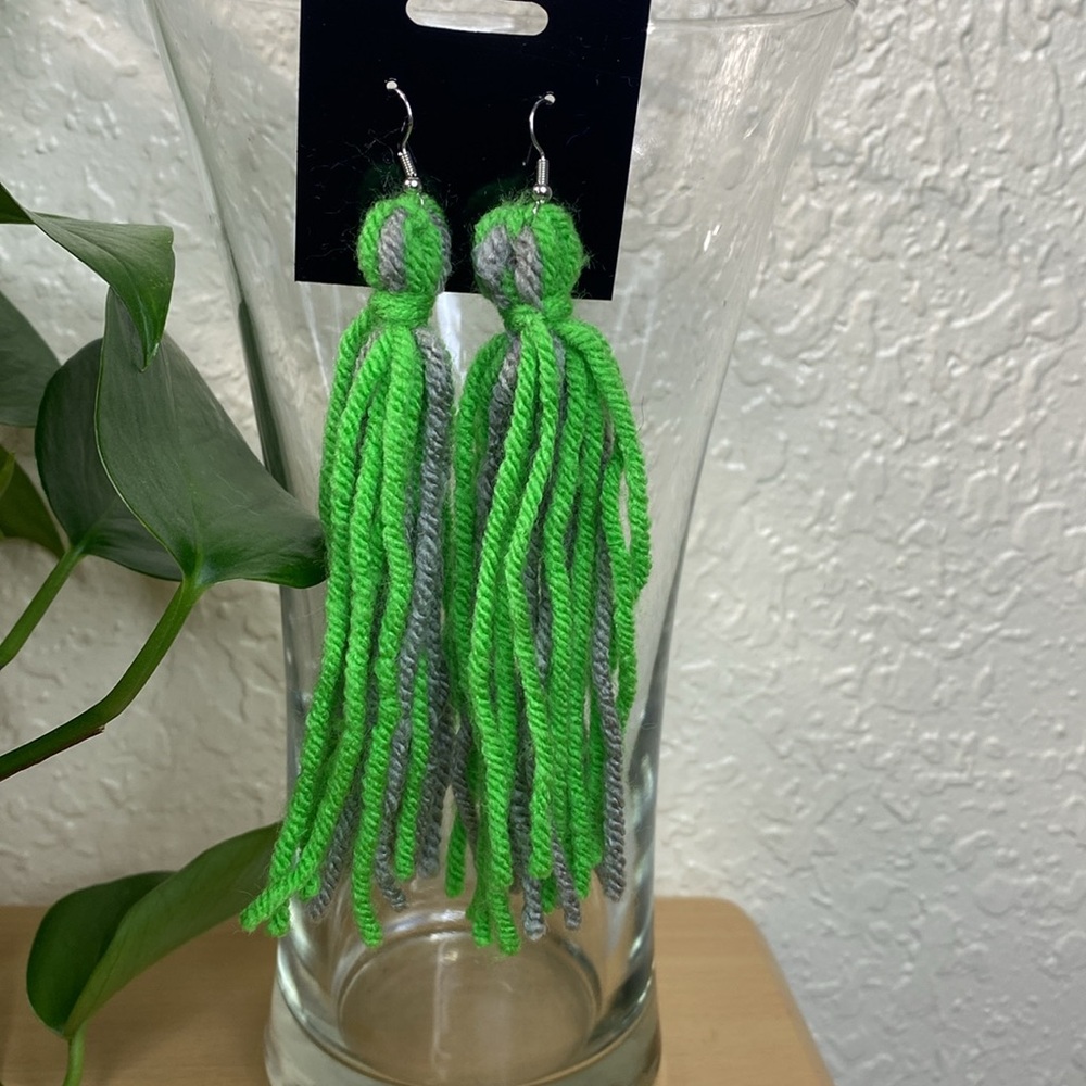 Green and Gray Tassel Earrings
